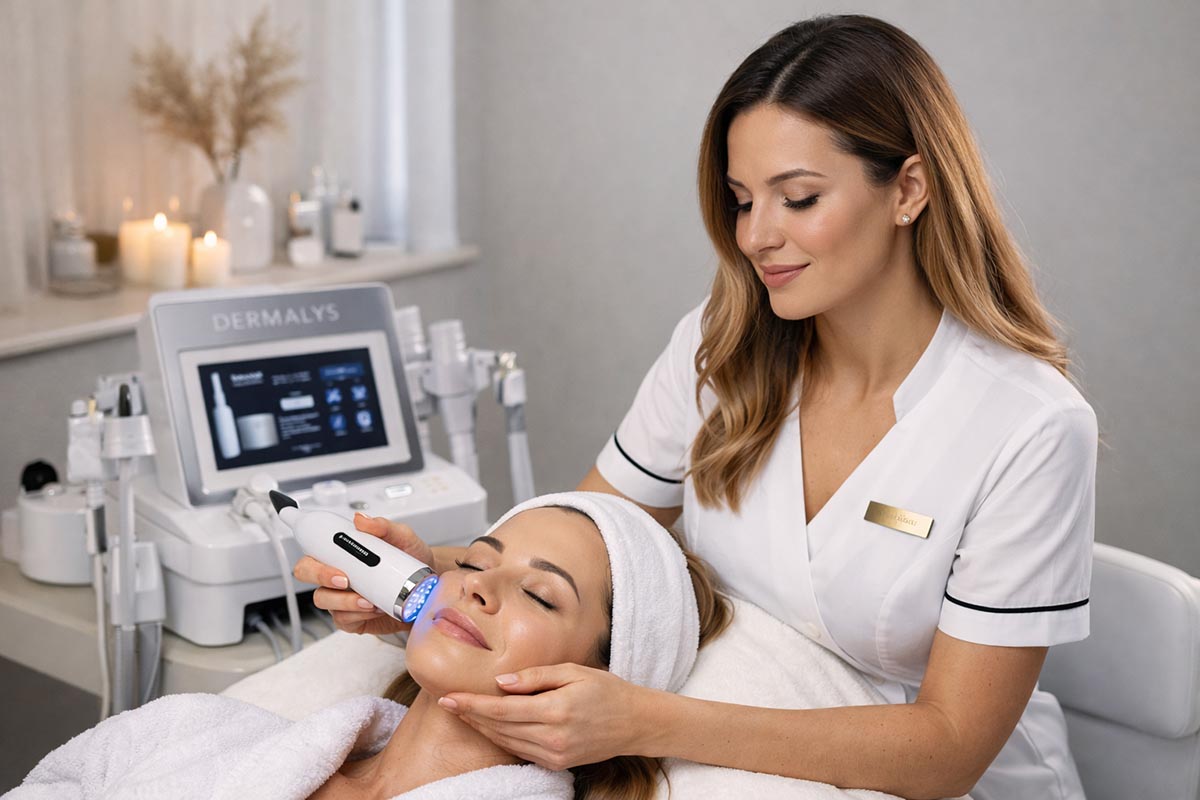 Professionnelle utilisant un appareil Dermalys en cabinet esthétique