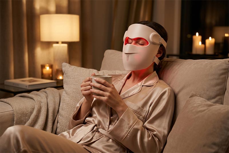 Femme utilisant un appareil Dermalys dans un moment de détente à domicile